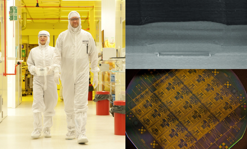 Engineers in a cleanroom (left) who carry out the production of waveguide (top right) which constitute the geometries of a whole photonic chip (bottom right).